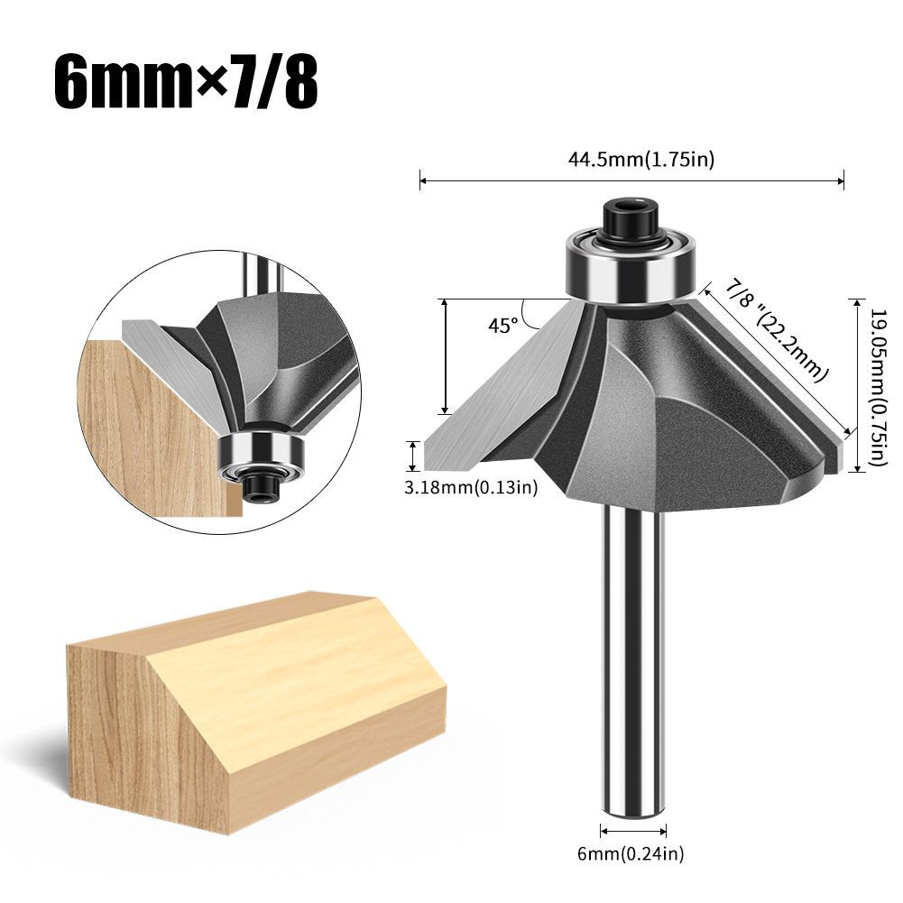 6mmX1 45-Degree Chamfer Router Bit with Carbide Tip – Industrial-Grade Milling Cutter for Edge Forming, Professional Woodworking Cutting Tool - Silver