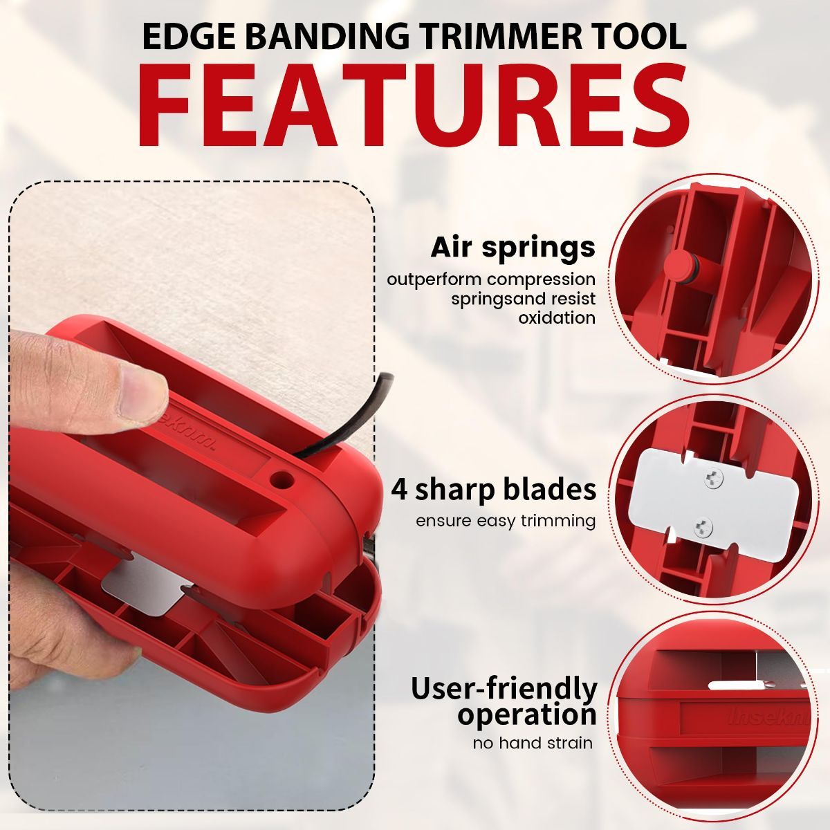 Edge Banding Trimmer,Tungsten Carbide Blades,Manual Woodworking Tool,Hand Planer for Trimming ABS, PVC, Veneer and Melamine Wood Edge Banding - Red - Size 4.1in*2.1in