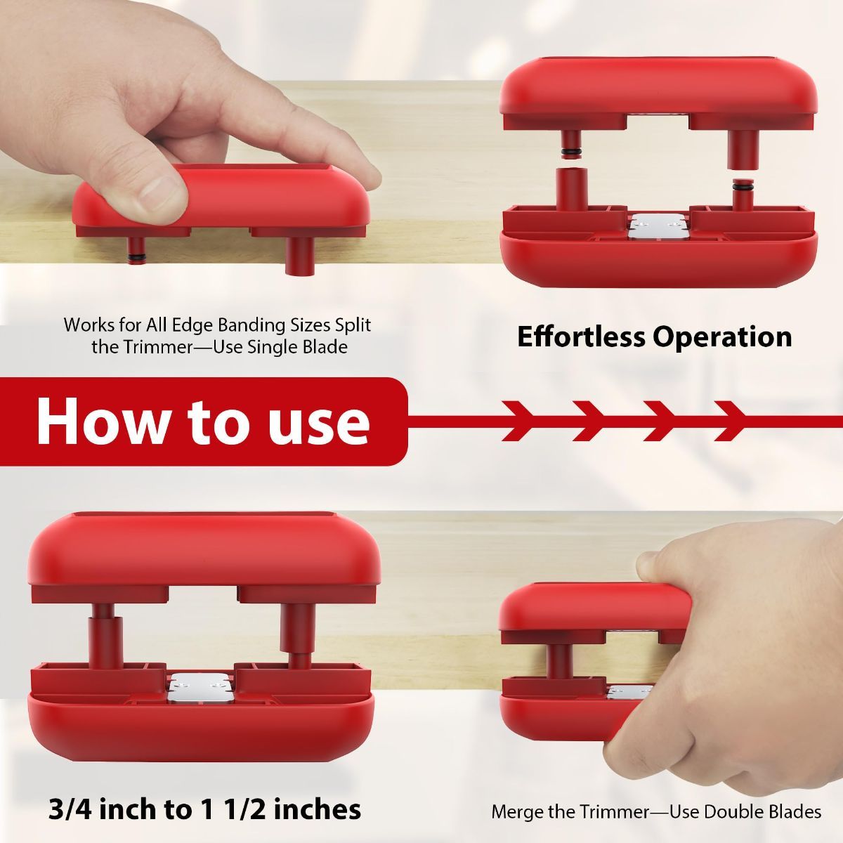 Edge Banding Trimmer,Tungsten Carbide Blades,Manual Woodworking Tool,Hand Planer for Trimming ABS, PVC, Veneer and Melamine Wood Edge Banding - Red - Size 4.1in*2.1in