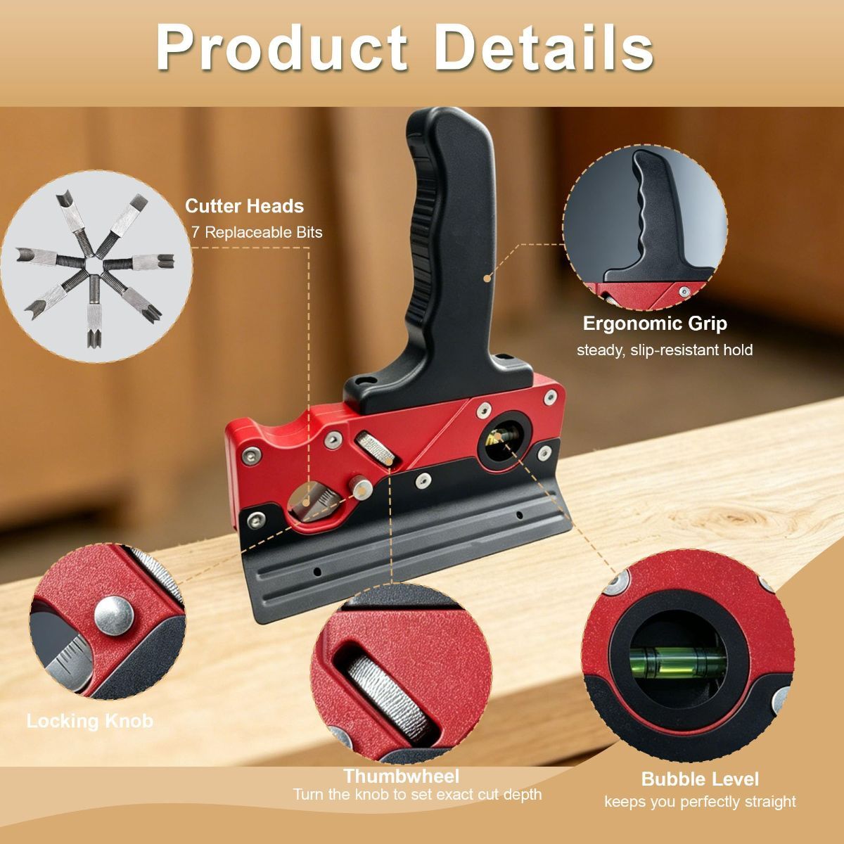 Multi-Blade Woodworking Chamfer Plane - Hand Planer for Edge Trimming & Corner Flattening, Adjustable Depth Fast Trimming Wood Planer with 7 Cutter Heads & Bubble Levels for DIY & Professional Use