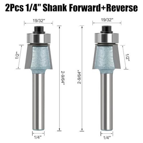 2Pcs Edges Banding Chamfer Router,1/4" Shank,19/32" Dia,1/2" Cut Depth 2-Blade Chamfer Router Bits,Forward & Reverse Carbide Woodworking Flush Trim Router Bit Set