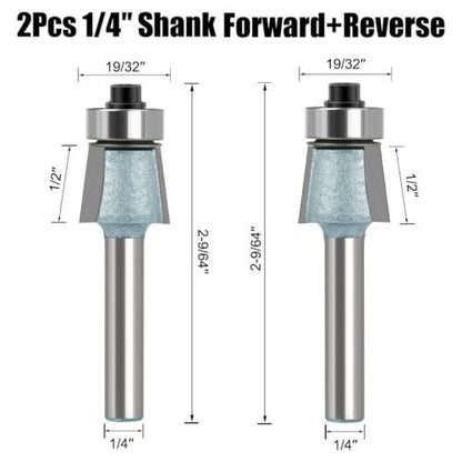 2Pcs Edges Banding Chamfer Router,1/4" Shank,19/32" Dia,1/2" Cut Depth 2-Blade Chamfer Router Bits,Forward & Reverse Carbide Woodworking Flush Trim Router Bit Set