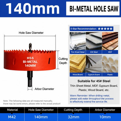 140mm Bi-Metal M42 High Speed Steel Hole Saw | with Pilot Drill Bit, Smooth Cutting Edge for PVC, Drywall, Wood, Plastic, Gypsum Board, Rubber, Thin Metal