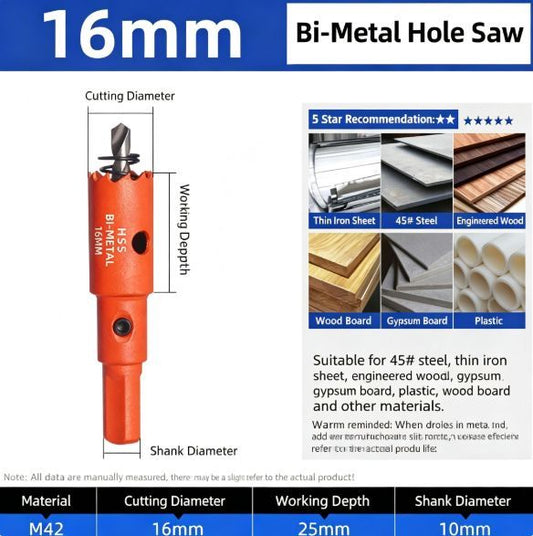 16mm Bi-Metal M42 High Speed Steel Hole Saw | with Pilot Drill Bit, Smooth Cutting Edge for PVC, Drywall, Wood, Plastic, Gypsum Board, Rubber, Thin Metal