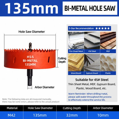 135mm Bi-Metal M42 High Speed Steel Hole Saw | with Pilot Drill Bit, Smooth Cutting Edge for PVC, Drywall, Wood, Plastic, Gypsum Board, Rubber, Thin Metal