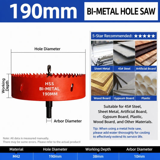 190mm Bi-Metal M42 High Speed Steel Hole Saw | with Pilot Drill Bit, Smooth Cutting Edge for PVC, Drywall, Wood, Plastic, Gypsum Board, Rubber, Thin Metal