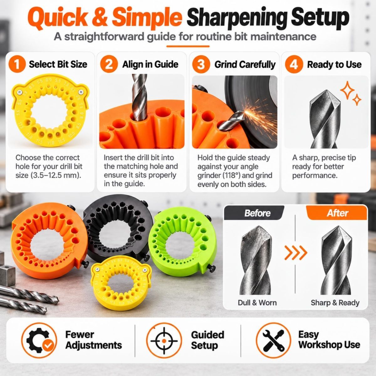 New Drill Bit Sharpening Jig,3.5-12.5mm Drill Bit Sharpener，Yellow Bench Grinder Drill Bit Sharpener Tool For Metalworking, Woodworking,Auto Repair & Workshops