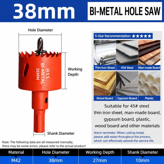 38mm Bi-Metal M42 High Speed Steel Hole Saw | with Pilot Drill Bit, Smooth Cutting Edge for PVC, Drywall, Wood, Plastic, Gypsum Board, Rubber, Thin Metal