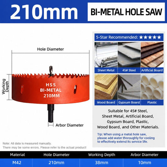 210mm Bi-Metal M42 High Speed Steel Hole Saw | with Pilot Drill Bit, Smooth Cutting Edge for PVC, Drywall, Wood, Plastic, Gypsum Board, Rubber, Thin Metal