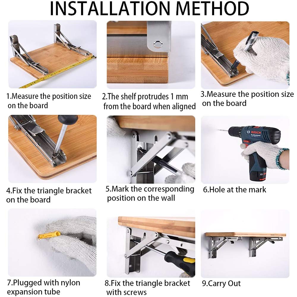 Heavy-Duty Foldable Wall Shelf Brackets – 2-Pack 304 Stainless Steel Triangular Supports with One-Click Release, 550 lb Capacity Each, for Kitchen, Garage, RV & Home; Includes Mounting Hardware (10Inch,Silver)