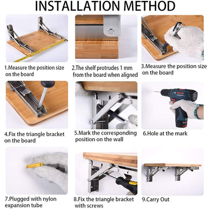 Heavy-Duty Foldable Wall Shelf Brackets – 2-Pack 304 Stainless Steel Triangular Supports with One-Click Release, 550 lb Capacity Each, for Kitchen, Garage, RV & Home; Includes Mounting Hardware (12Inch,Silver)