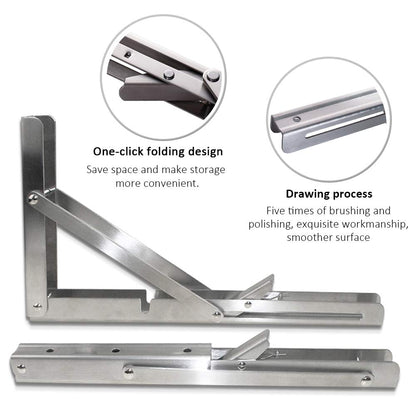 Heavy-Duty Foldable Wall Shelf Brackets – 2-Pack 304 Stainless Steel Triangular Supports with One-Click Release, 550 lb Capacity Each, for Kitchen, Garage, RV & Home; Includes Mounting Hardware (16Inch,Silver)