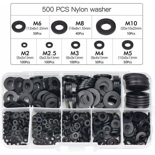 500 pcs Black Plastic Washers Lock Washers Fasteners, Self-Locking Washer Assortment Mechanical Washer M2.5 M3 M4 M5 M6