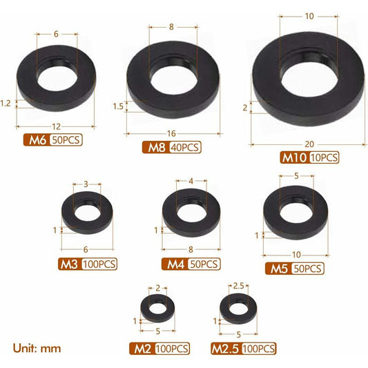 500 pcs Black Plastic Washers Lock Washers Fasteners, Self-Locking Washer Assortment Mechanical Washer M2.5 M3 M4 M5 M6