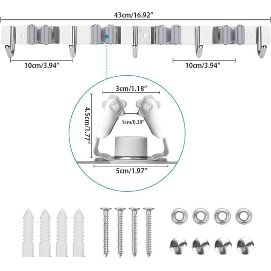 Stainless Steel Wall Mounted Broom Holder, Wall Mounted Broom Hanger With 4 Slots And 5 Hooks For Kitchen, Bathroom,