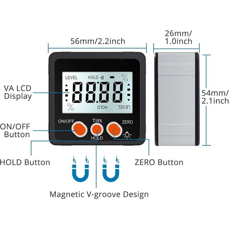 Digital Inclinometer Protractor 4 90° Level Box Angle Finder Backlight Bevel Gauge Magnetic Base Gauge In/Ft Mm/M With