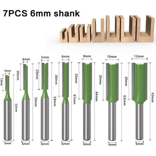 Straight Router Bit Set 6mm 7-Piece Woodworking Carbide with Bosch Makita