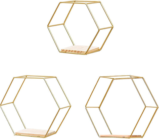 3 Pcs Gold Hexagon Wall Shelves, Floating Decorative Wire Wall Mounted Shelf, Multi-use Geometric Floating Shelves Metal Shelving for Bedroom Living Room Kitchen Office, 6.7in 9.4in 11in