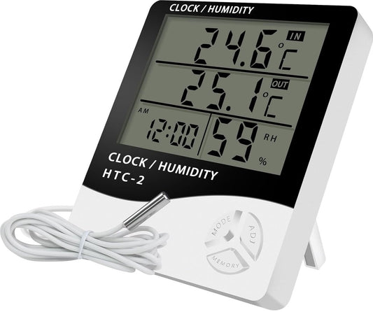 HTC-2 Indoor/Outdoor Temperature/Hygrometer - Digital Temperature and Humidity Sensor for Home - Portable with Time Display - Suitable for Temperature and Humidity Monitoring
