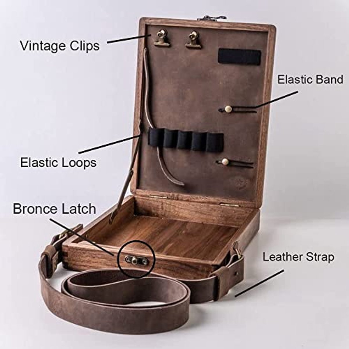 Multifunctional Wooden Shoulder Bag - Vintage Design for Artists & Writers - Artist Tool Set - Brush, Tool Storage Box - Sketch Box - Easel - with Storage Pockets and Adjustable Strap - 25x19x6 cm