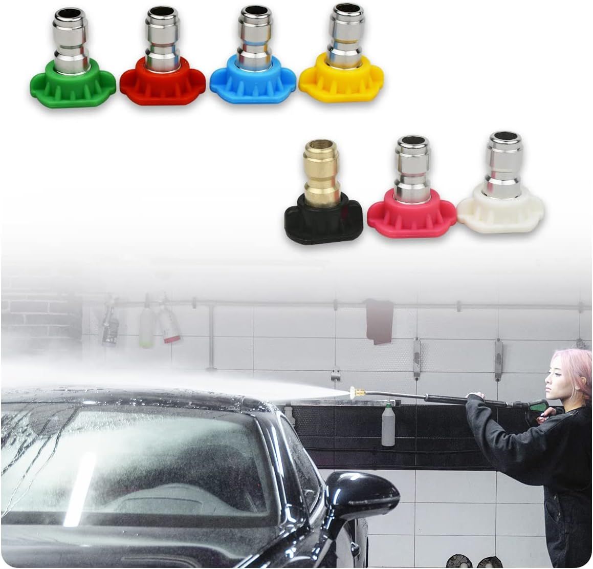 7 Pieces Pressure Washer Spray Nozzle Tips, 6.4 mm Quick Connect Colour Coded Nozzles for Power Washers up to 4000 PSI