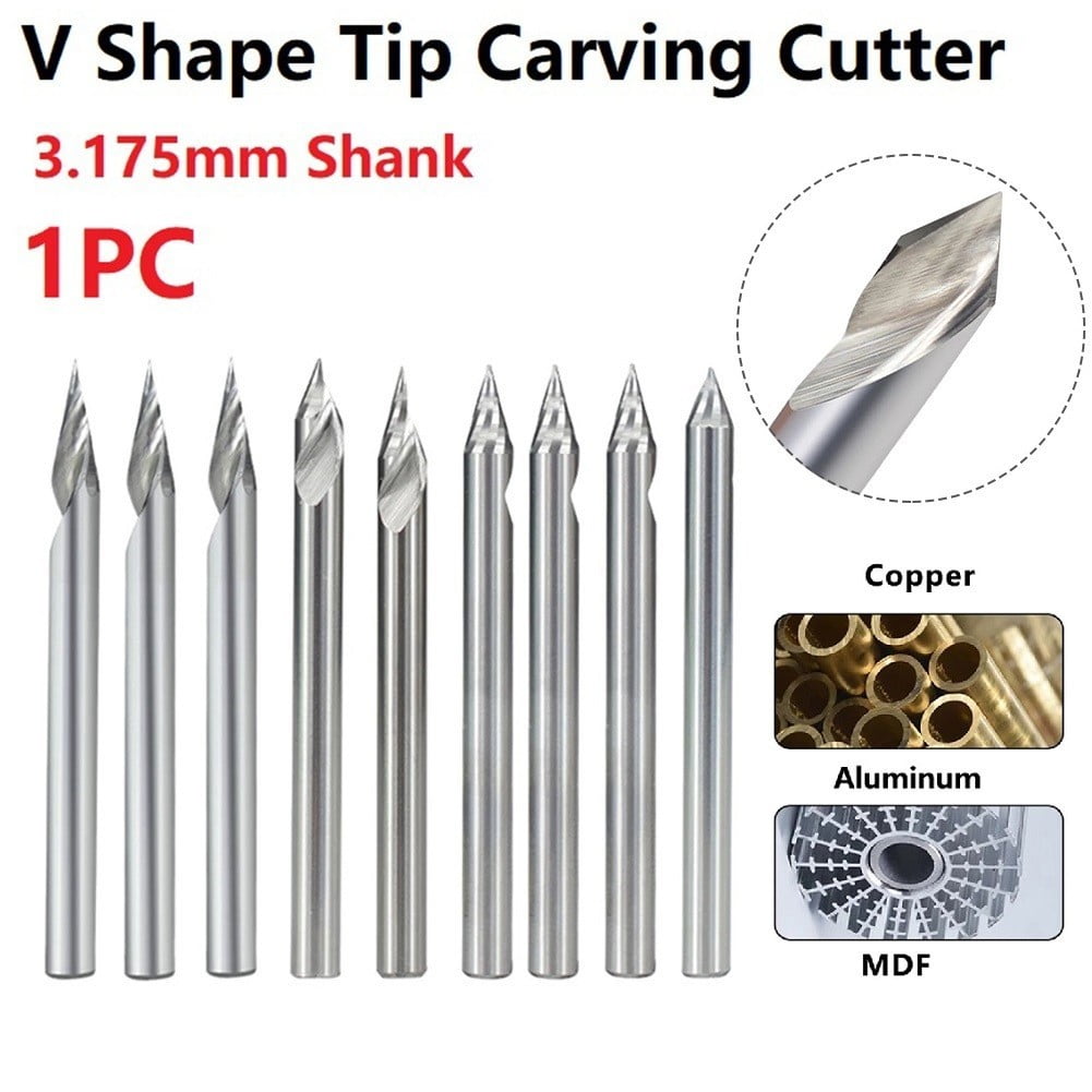 1PC Carbide V Shape Engraving Bit 20-60 Degrees CNC Router Milling Cutter for Copper Aluminum MDF, 3.175mm Shank 0.1mm 0.2mm 0.3mm Tip