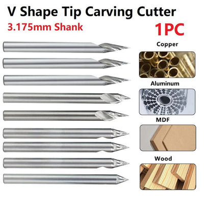 1PC V Shape Engraving Bit Carbide CNC Router Bit 20-60 Degrees Tipped Milling Cutter, 3.175mm Shank 0.1mm 0.2mm 0.3mm Tip 30Dx0.3 60Dx0.2