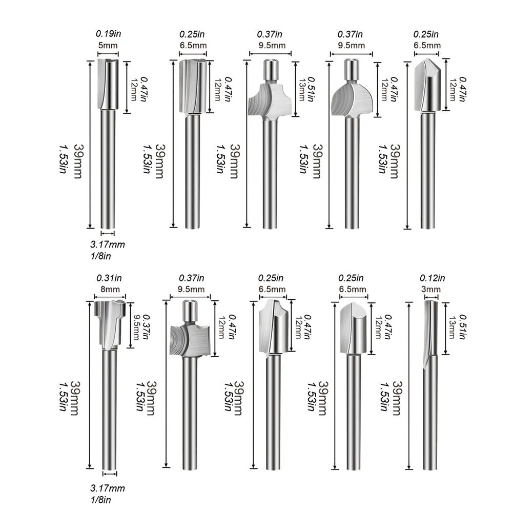 10Pcs HSS Router Bits Set, Wood Cutting Milling Cutter Compatible with Dremel Rotary Tools for DIY Woodworking, 1/8 Inch Shank
