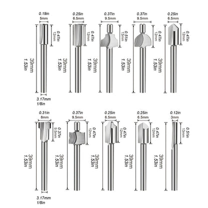10Pcs HSS Router Bits Set, Wood Cutting Milling Cutter Compatible with Dremel Rotary Tools for DIY Woodworking, 1/8 Inch Shank
