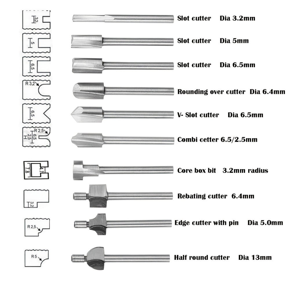 10Pcs HSS Router Bits Set, Wood Cutting Milling Cutter Compatible with Dremel Rotary Tools for DIY Woodworking, 1/8 Inch Shank