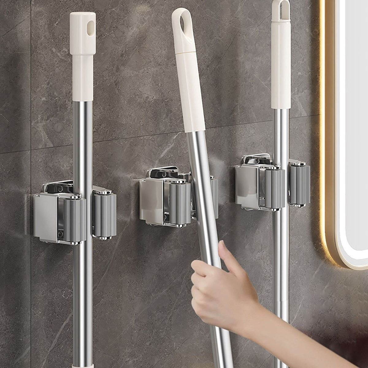 1 Pack Wall Mount Broom Holder, stainless steel mop and tool organizer with screws for kitchen and garage, Silver, 2.05 x 1.77 x 1.38 inches