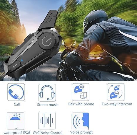 Motorcycle Bluetooth Headset Helmet Intercom with Noise Cancellation Stereo Music IPX6 Waterproof for Half Open Face Helmet