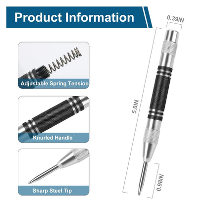 2Pcs Heavy Duty Automatic Center Punch, 5'' Premium Steel Spring Loaded Center Hole Punch, Adjustable Spring Impact