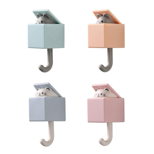 4 Pcs Cute Pet Hooks Cat Wall Hooks, Cute Box Cat Hooks Powerful Self Adhesive Hooks Without Drilling Cat Key Hanger for Coat Hat