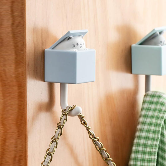 4 Pcs Cute Pet Hooks Cat Wall Hooks, Cute Box Cat Hooks Powerful Self Adhesive Hooks Without Drilling Cat Key Hanger for Coat Hat