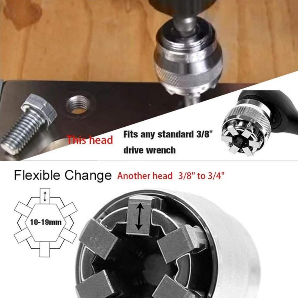 Mini Wrench Adaptive All-Fitting Multi Drill Attachment Universal Socket, Professional 3/8 Inch to 3/4 Inch 10mm-19mm Universal