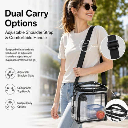 Stadium Approved Clear Lunch Bag - Heavy Duty Transparent Box with Handle for Work Correctional Officers Men & Women (Black)