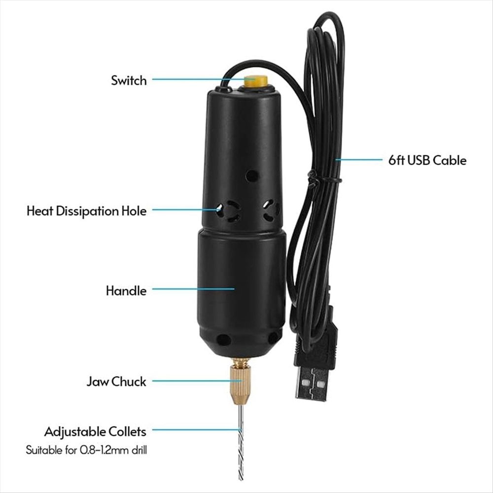 Mini Drill for Jewelry Making, Electric USB Drill Set with 10 0.8 to 1.2mm Drill Bits for Resin Casting Drilling