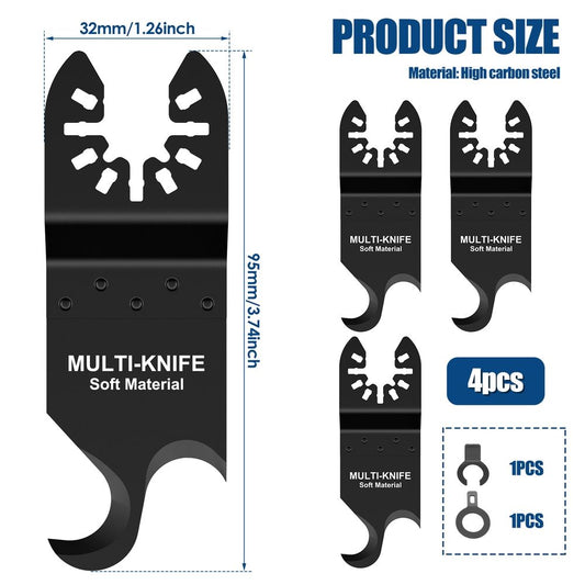 4Pcs Oscillating Saw Blades 1.26*3.74in Oscillating Multi Tool Hook Knife Blade Set High Carbon Steel Universal Blade with 2 Adapter for Cutting Carpet
