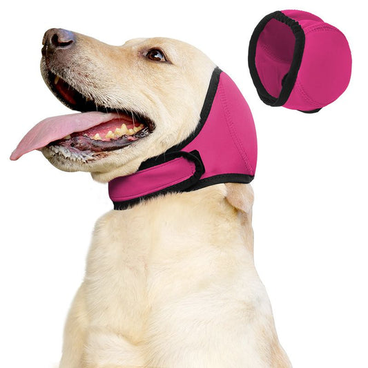 Dog Ear Muffs & No Shake Ear Wrap for Hematoma, Bathing, Drying,Swim& Noise Anxiety Relief - Elastic Waterproof Ear Protector with Calming Hoodie Design for Grooming/Head Ear Cover (Pink, L)