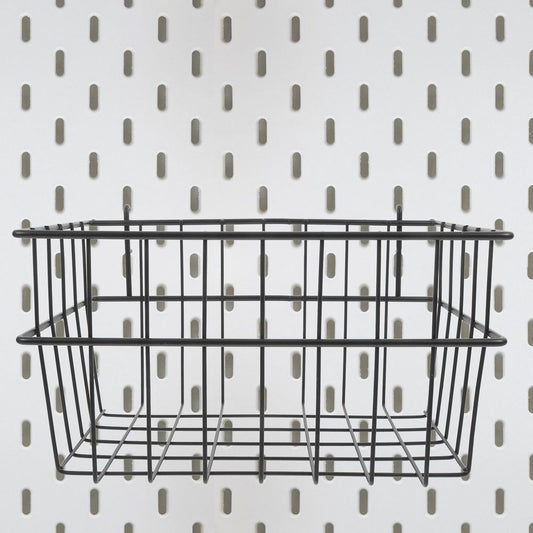 Black Pegboard Wall Basket Organizer, Iron Wire Storage Bin, No Drill Installation for Garage or Workshop