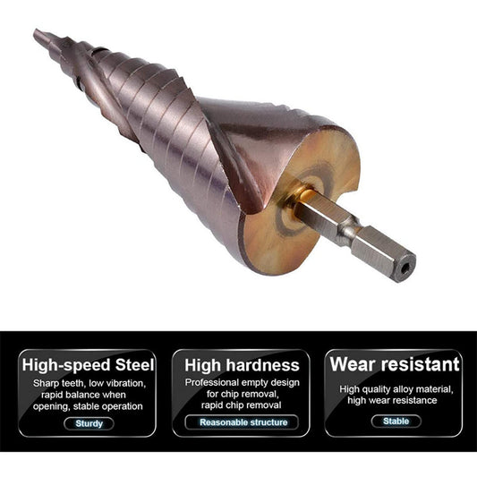 High speed steel cobalt containing hexagonal shank step drill bit, metal sheet drilling, stainless steel drilling tool