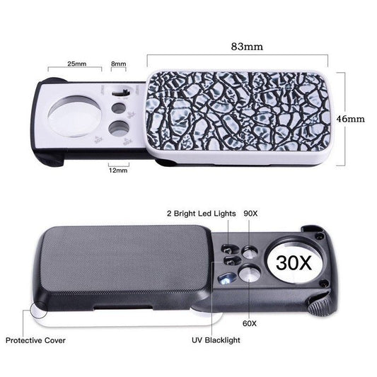 2 pcs Jewelry Loupe Magnifier with LED Light, 30X,60X,90X Pocket Magnifying Glass for Rocks Stamps Coins