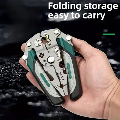 Multifunctional Folding Wire Stripper, Integrated with Wire Stripping, Crimping, Cutting, and Terminal Crimping Functions, Rubber Anti-slip Handle, Lightweight and Portable, Essential Tool for Efficient Electrician Work.