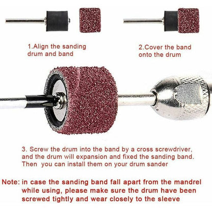 531-piece sanding roller set for Dremel rotary tools, compatible with Dremel, includes 504 sanding rollers, 24 roller sleeves, 2 self-locking chucks 1 wrench