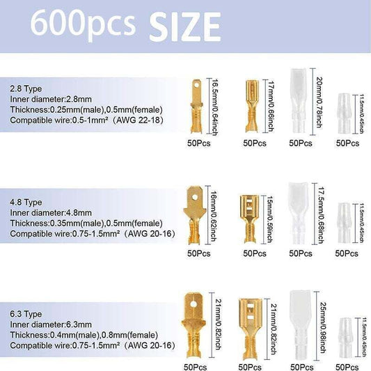 600 Pcs Brass Crimp Terminals, Electrical Lug with Insulated Sleeve Male Female Spade Wire Connectors Crimp Terminal, 2.8 mm, 4.8 mm, 6.3 mm