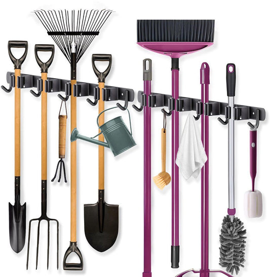 2 Pack Wall Mounted Broom Holder And Mop Organizer, Stainless Steel Tool Rack With 4 Slots And 5 Hooks, For Kitchen Bathroom Garage, 49 x 2 cm