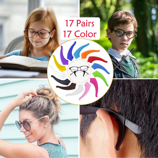 17 Pairs Multicolored Anti-slip Eyeglass Ear Grips Hook, Kids and Adults Sport Eyeglass Strap Holder, Eyewear Retainer with Box, Silicone Anti Slip Holder for Glasses for Eyeglass Temple Tip