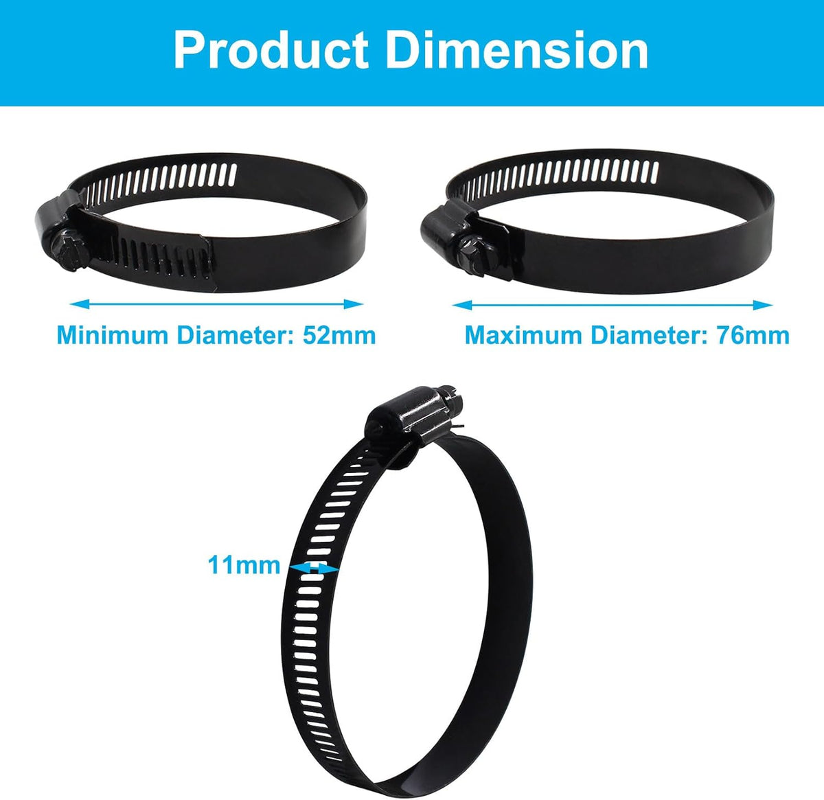 4Pcs 3 Inch Stainless Steel Adjustable 52-76mm Size Range Worm Gear Hose Clamp, Fuel Line Hose Pipe Clamp for Plumbing, Automotive and Mechanical Application