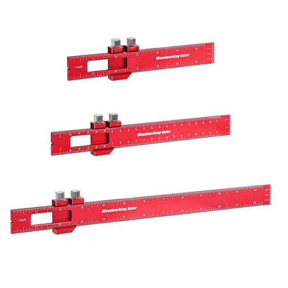 3PCS Woodworking Ruler Set, Precision Pocket Ruler with Adjustable Slide Stop, Aluminum Alloy Measuring Tool for Marking & Scribing, Metal T-Track Square Rulers, Inch and Metric (6", 8", 12")